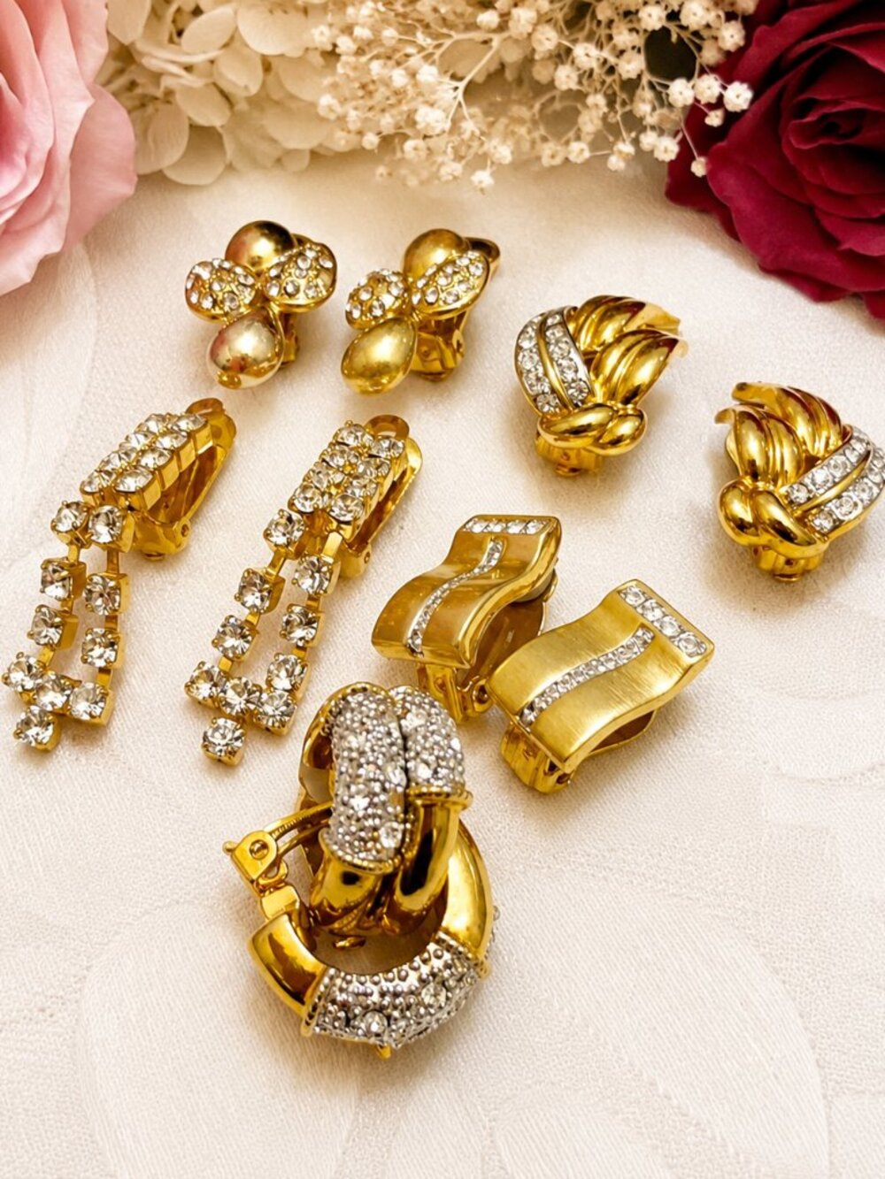 VINTAGE Rhinestone Clip-On Earrings Lot: Gold Plated Crystal Jewelry Collection